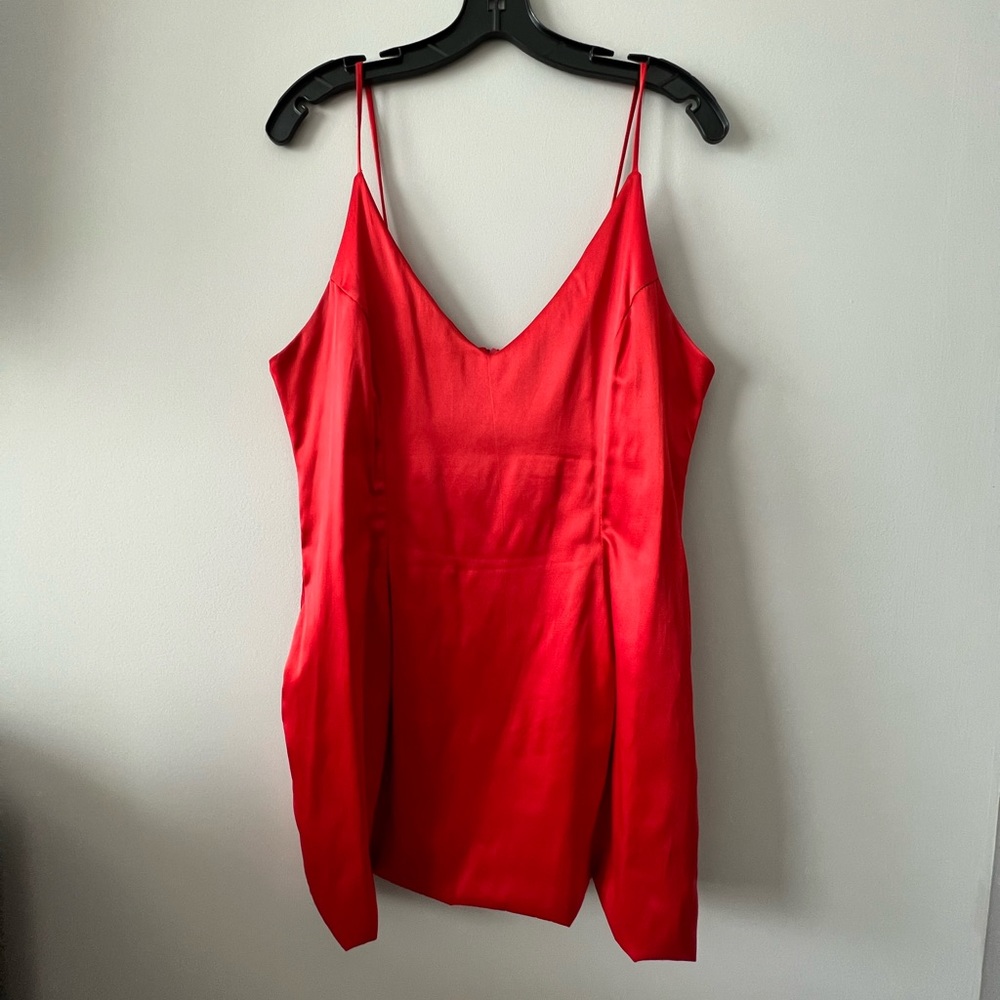 LUX LA Satin Red Spaghetti Strap Mini Dress with Pockets (Medium)